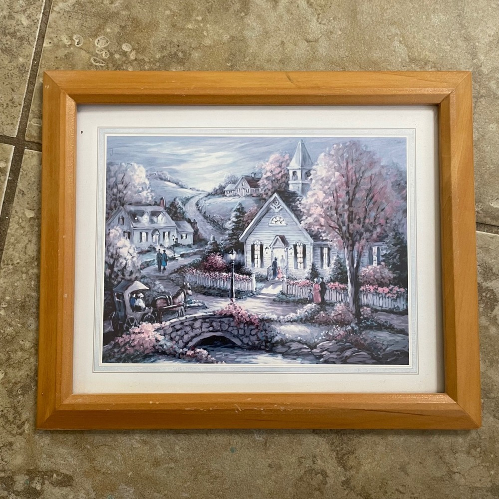 Framed Village Landscape Print Stone Bridge Horse Carriage Cottagecore Art 11x9